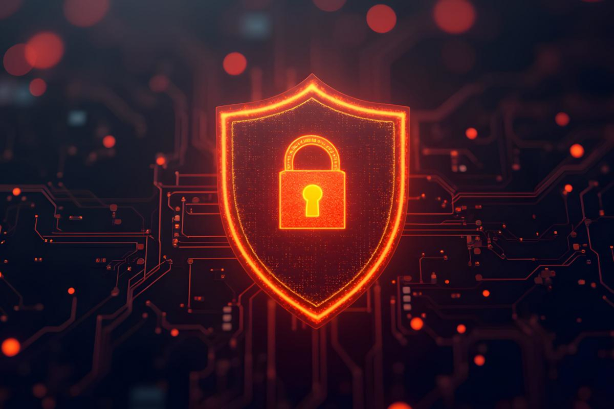 Glowing orange shield with a padlock centered on a dark circuit board background.