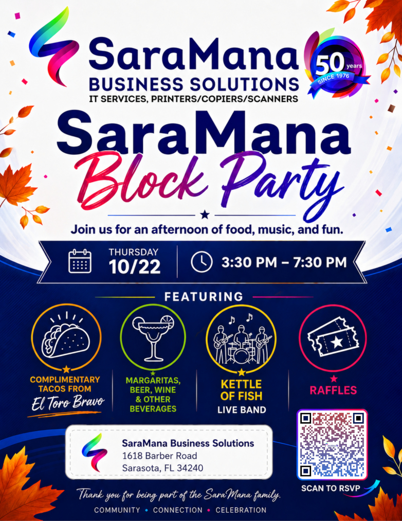 SaraMana Block Party 2026 flyer featuring a business professional in a suit, inviting guests to RSVP on the events page.